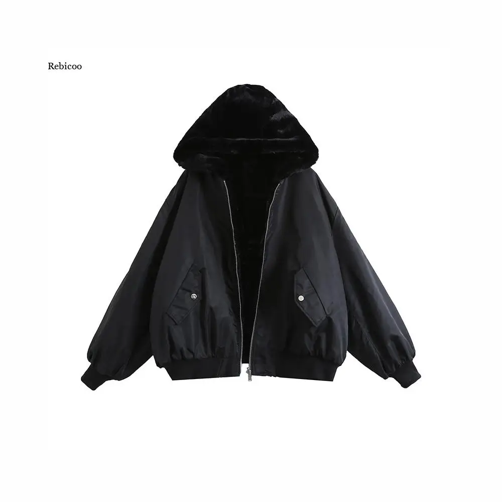 Winter Reversible Hooded Jacket Faux Fur Fleece For Winter Womens Tops Bomber Jackets Coats Black Outwear With Long Sleeve