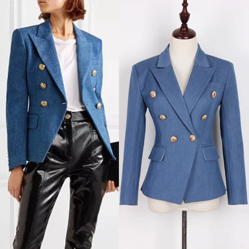 S-2XL High Quality New Brand Fashion Dark Blue Imitation Denim Fabric Lapel Long Sleeve Wild Commuter Woman Blazer