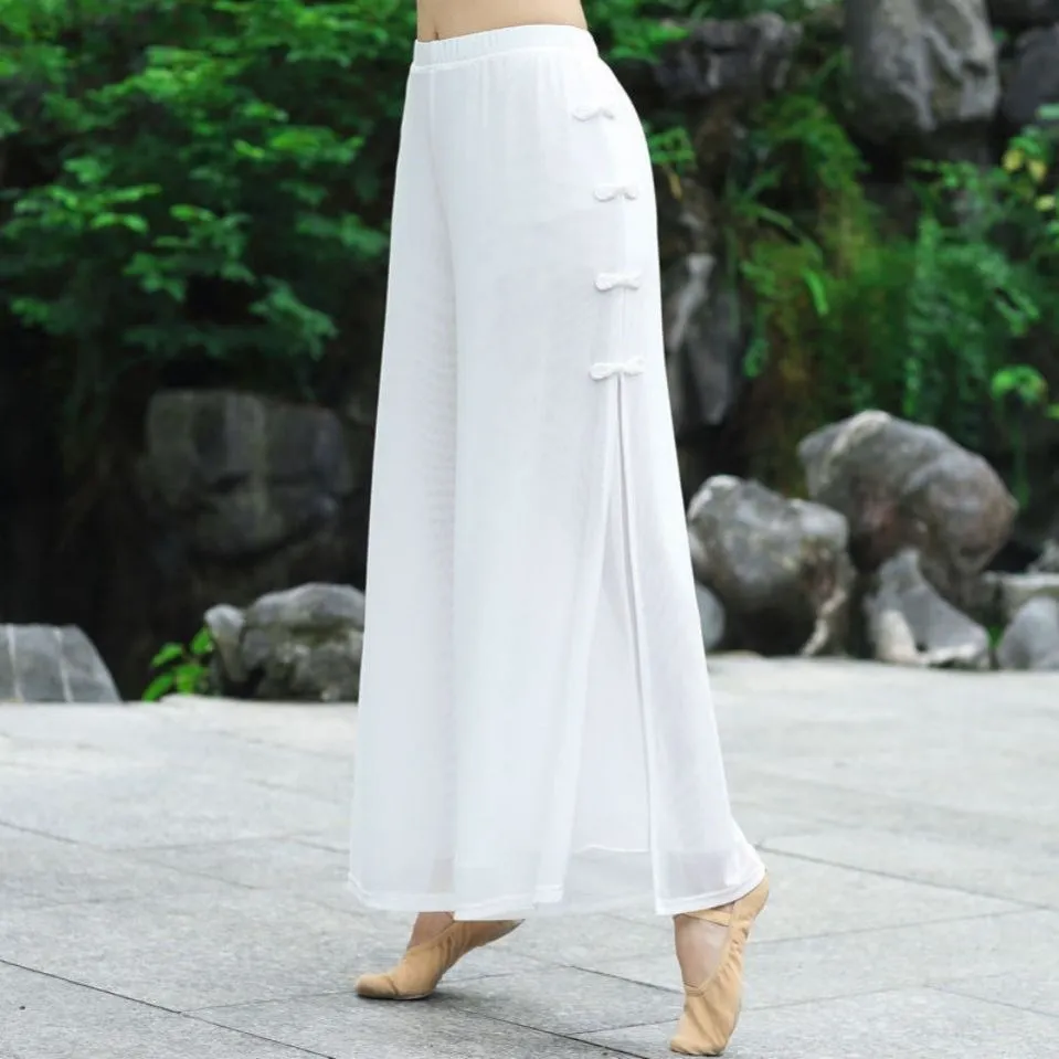 Pantaloni da prestazione in stile cinese bianco nero abbigliamento da pratica di danza classica Kawaii pantaloni carini gamba larga elastico in vita femminile