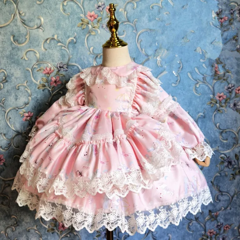 Baby girl spring autumn pink Spanish  ball gown dress kids lace stitching long sleeve birthday party princess dress