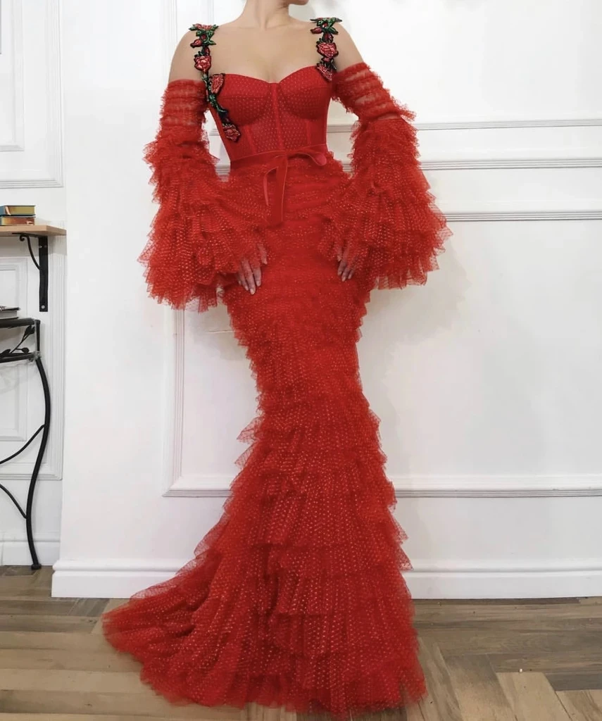 

Burgundy Moroccan Evening Dresses Mermaid V-neck Long Sleeves Tulle Tiered Long Luxury Turkey Dubai Saudi Arabia Prom Dress Gown