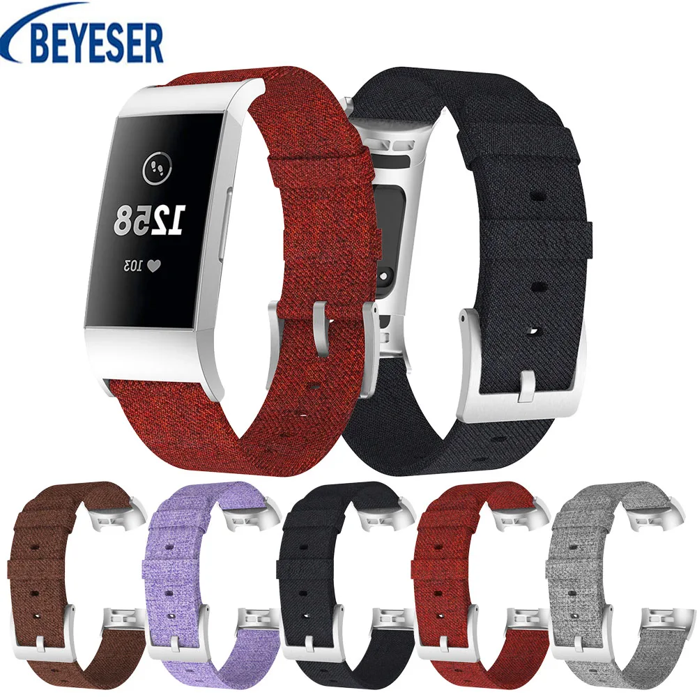 

New Canvas Band Strap with Metal Stainless Steel Ring Clasp Wristband Replacement Strap for Fitbit Charge 3 Wrist Strap Bracelet