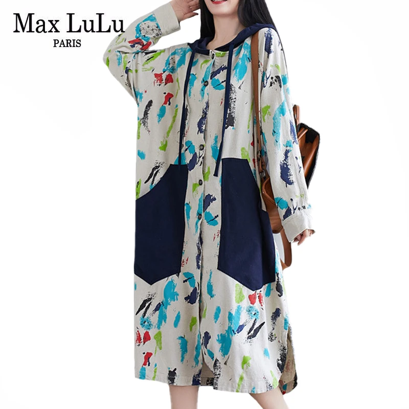 Max LuLu Korean New Fashion Style Spring Ladies Printed Trench Womens Vintage Hooded Windbreakers Female Oversized Long Clothes