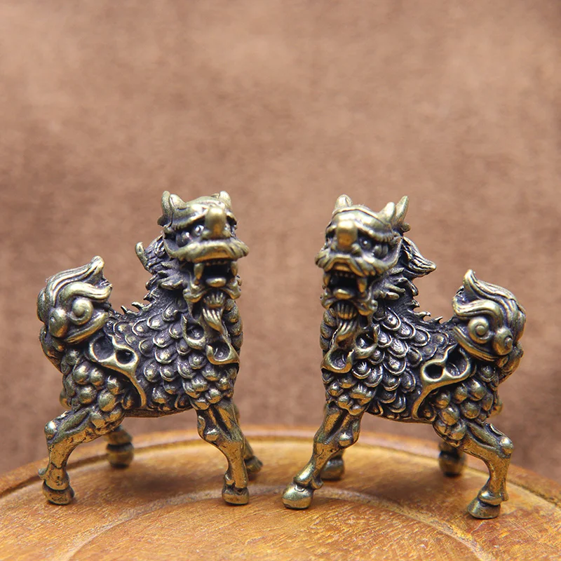 Antique Bronze Chinese Mythical Beast Qi Lin Statue 1 Pair Copper Animal Ornaments Lucky Home Feng Shui Living Room Decorations