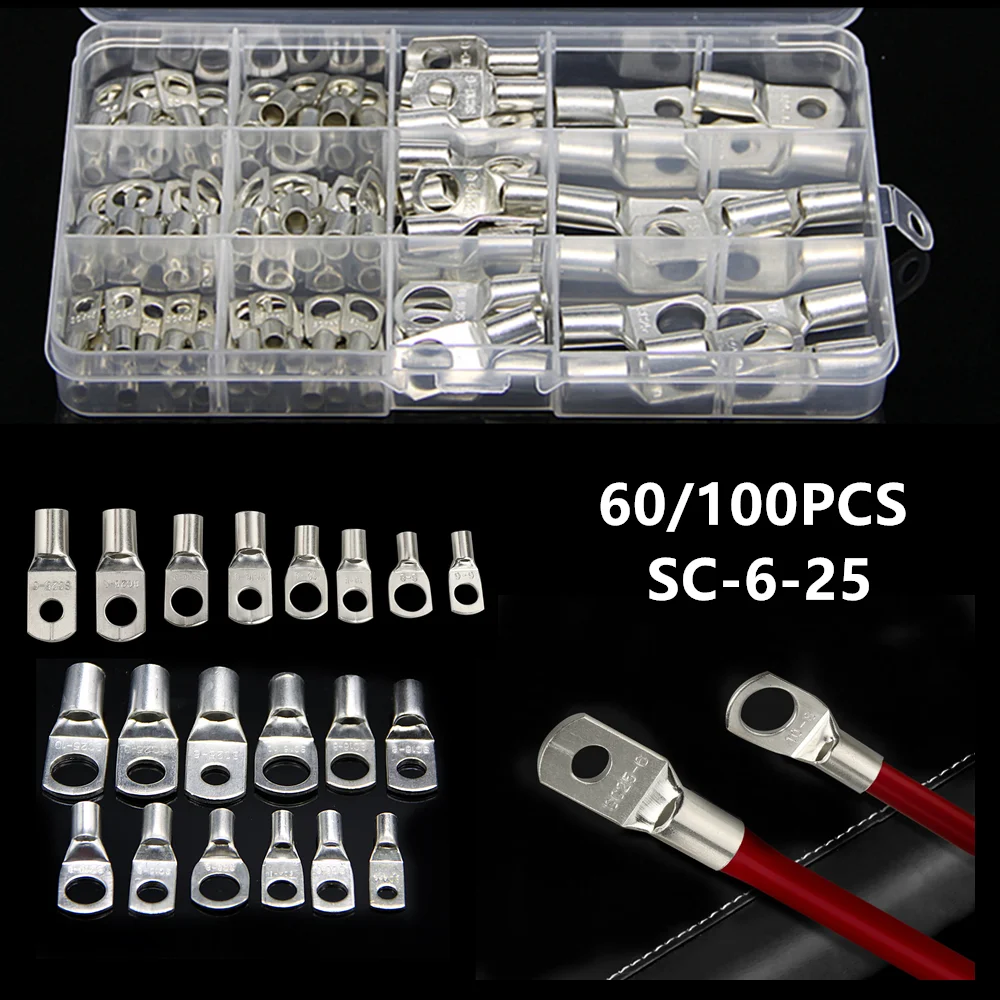 

60Pcs/100Pcs Tinned Copper Cable lugs Battery Terminals Wire Cringing Terminals Lug Welding Connector Suit SC4-SC25