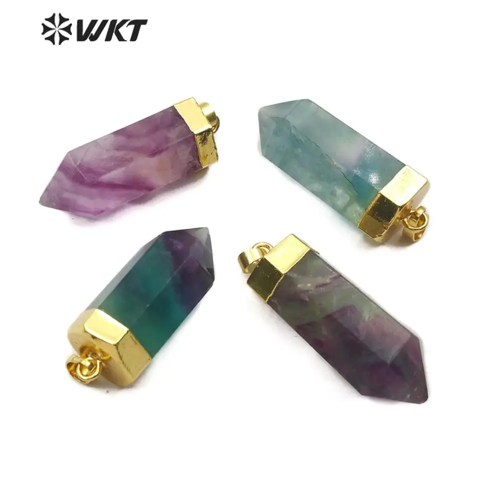 

WT-P1467 Natural Stone Pendant Rainbow Fluorite Stone Multi Color With Gold Electroplated Pendant Woman Fashion Jewelry