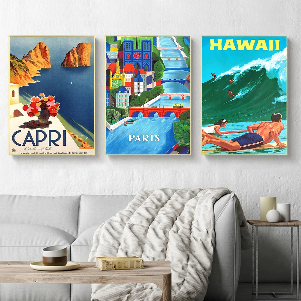 

Vintage World Famous Attractions City Capri Hawaii Greece Paris Canvas Painting Wall Art Posters And Print For Living Room Decor