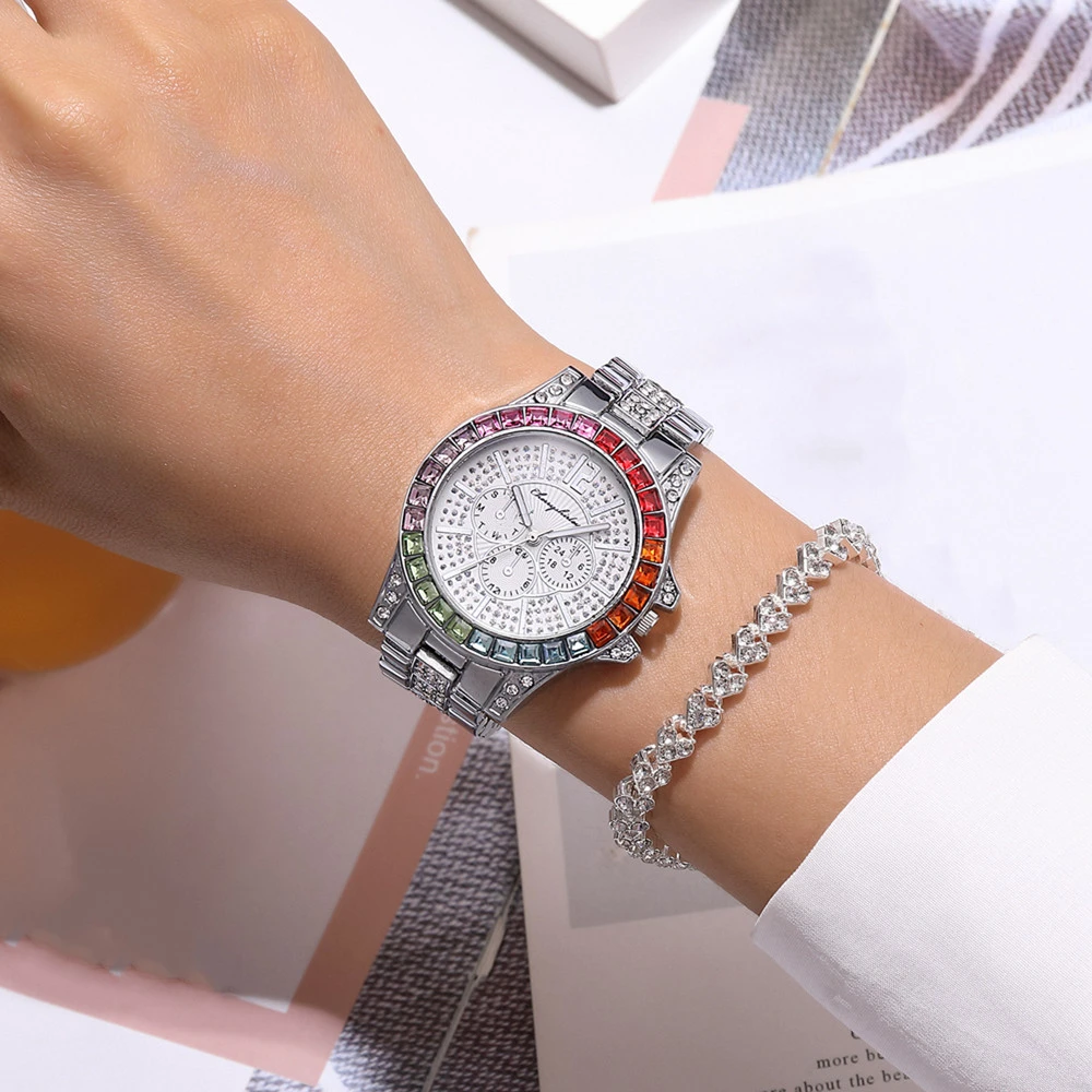 Fashion Women Stainless Steel Strap Watches Female Luxury Gold Colorful Diamond Round Dial Watch Ladies Fashion Wristwatches