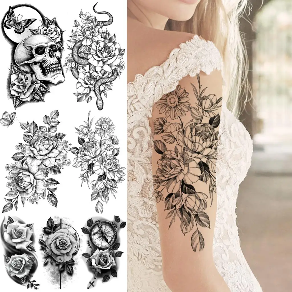 Pencil Sketch Sunflower Peony Flower Temporary Tattoos For Women Adults Snake Skull Compass Dahlia Fake Tattoo Sticker Arm Tatoo