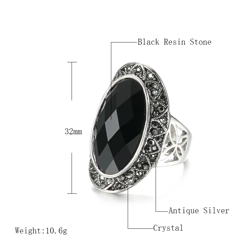 Wbmqda Vintage Big Oval Black Stone Rings For Women Antique Silver Color Boho Ring Jewelry Anel 2020 New Drop Shipping