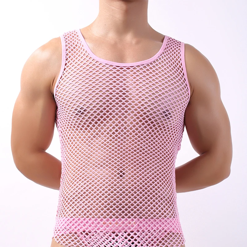 Men Summer Mesh Tank Tops Sexy Club See-through Fishnet Slim Fit Sleeveless Shirts Vest Male Gym Muscle Tanks Sheer Tee Costumes