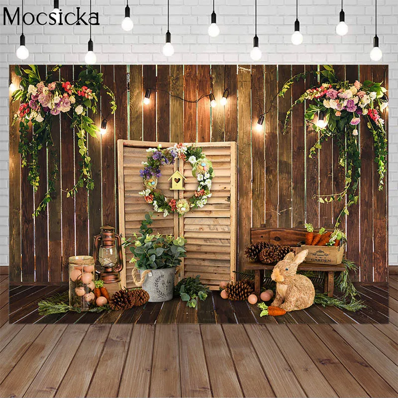 

Spring Photocall Easter Bunny Photography Backdrop Wooden Floor Green Plants Egg Rabbit Decor Children Birthday Photo Background