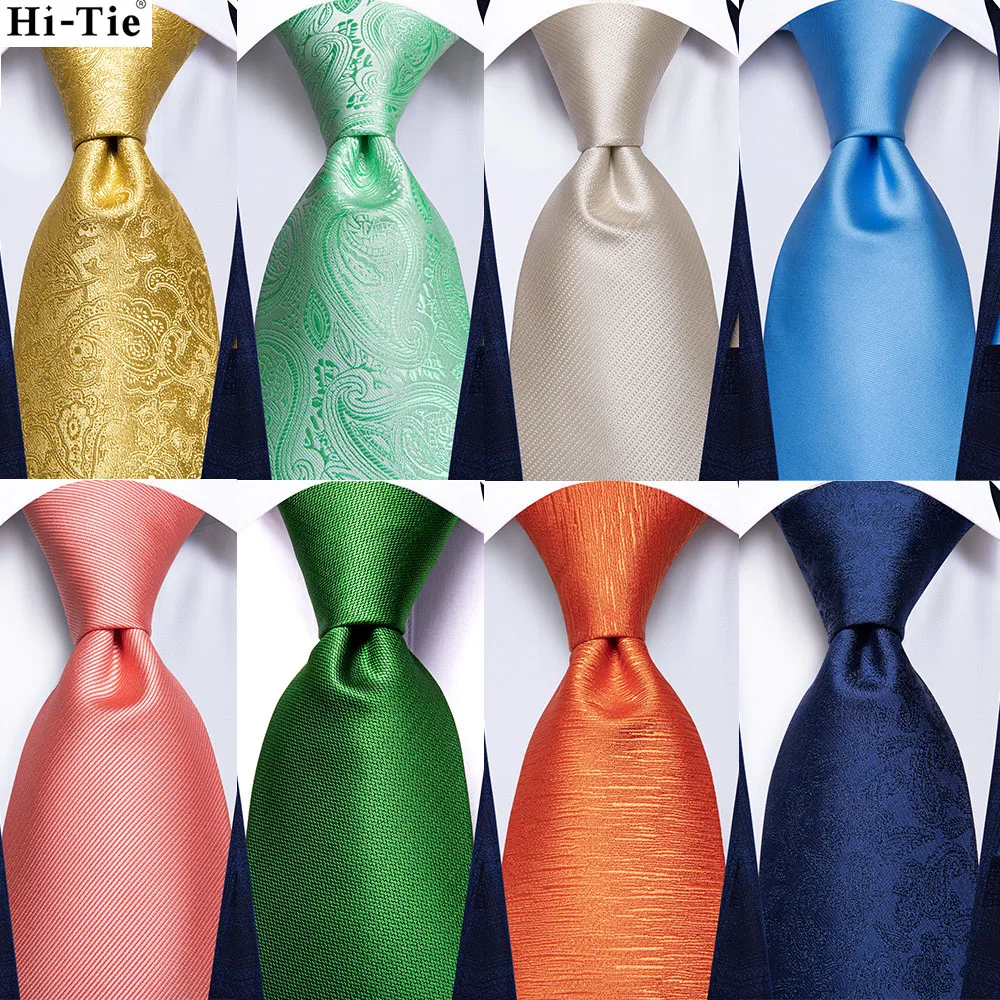 Hi-Tie Coral Gold Light Blue Solid Design Silk Wedding Tie For Men Quality Hanky Cufflink Fashion Nicktie Business Dropshipping