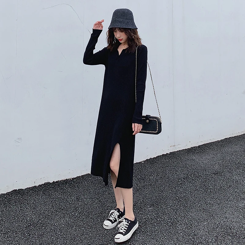 

Women Sweater Dress Winter 2019 Long Sleeve Thick Doll Collar Slim Split Dress Knit Long Party Dresses