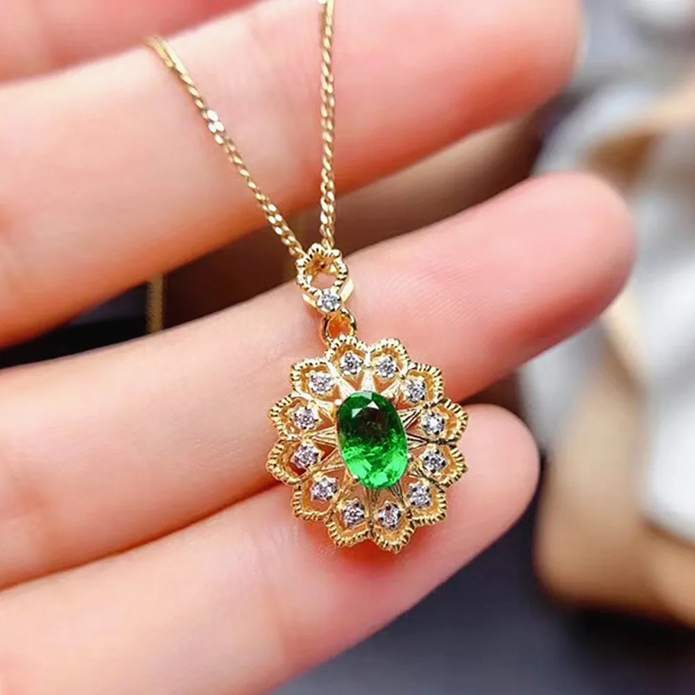 Royal flower carving green crystal emerald gemstones diamonds pendant necklaces for women 18k gold color choker jewlery bijoux