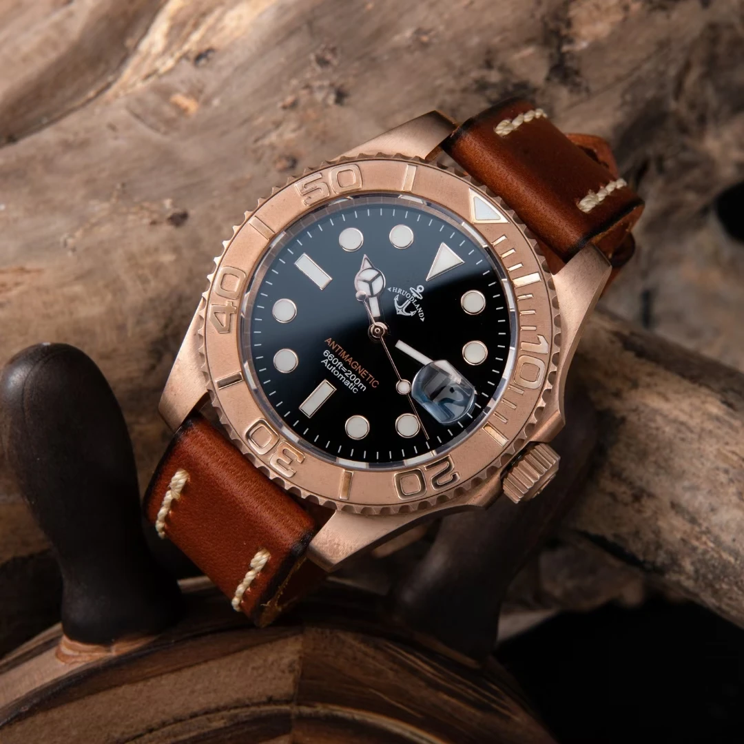 Hruodland Solid Bronze Men Watches 200m Waterproof Sapphire Crystal Brown Leather Strap Classic Automatic Mechanical Wristwatch