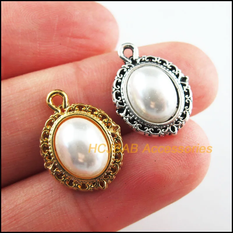 20Pcs Retro Gold Tibetan Silver Tone White Acrylic Oval Charms Pendants 13.5x18mm