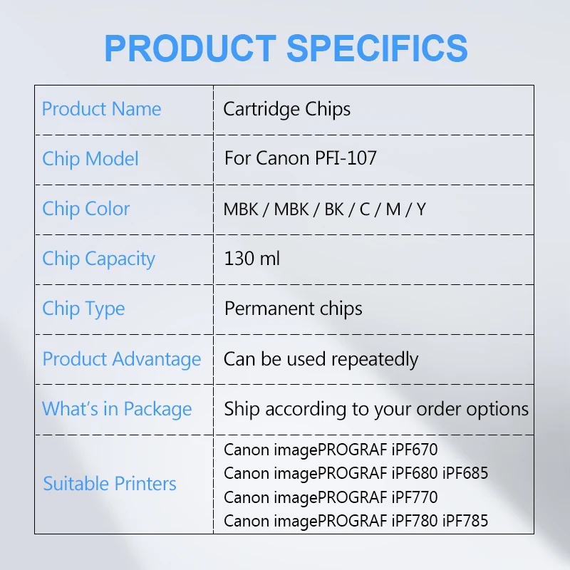 Imagem -06 - Chip de Cartucho Permanente Chips de Impressora Canon Imageprograf Ipf670 Ipf680 Ipf685 Ipf770 Ipf780 Ipf785 Pfi107