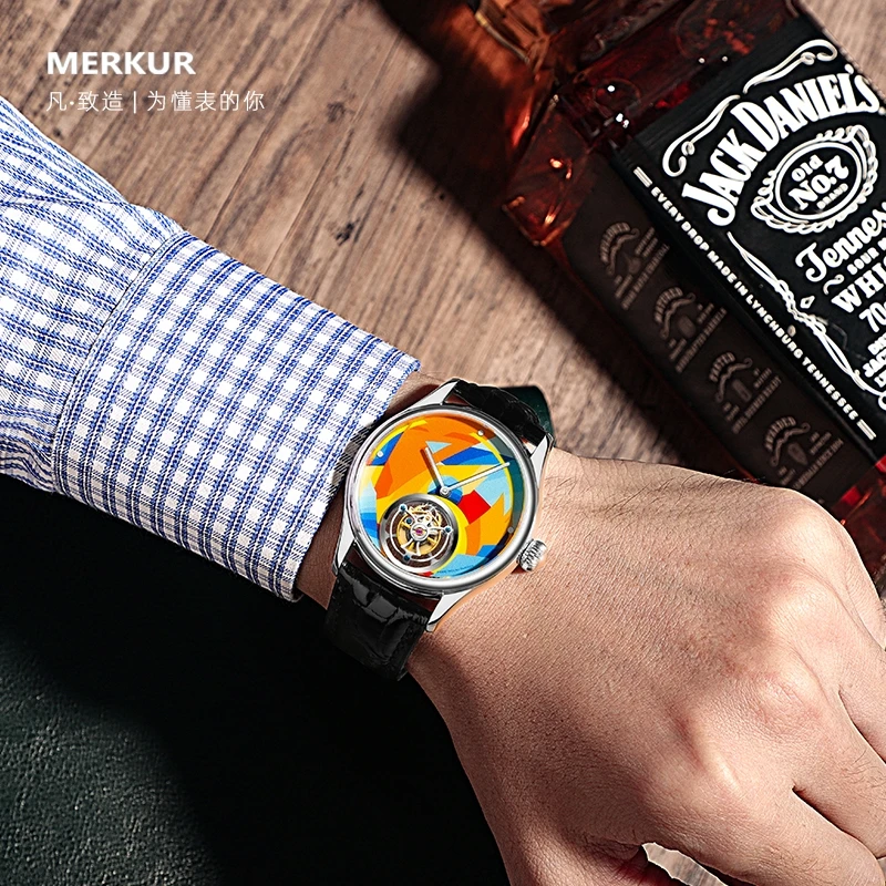 MERKUR Mens Tourbillon Watches Men Luxury Watch Mechanical Wristwatch Sapphie Waterproof Crocodile Leather Strap Graffiti Dial