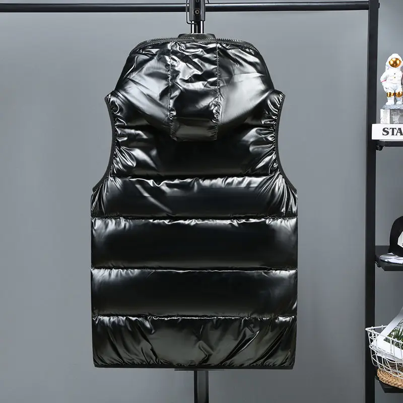 Winter Men Bright Vest Hooded Warm Thicken Waistcoat Cotton-Padded Solid Color Waterproof Male Streetwear Size 5XL 6XL