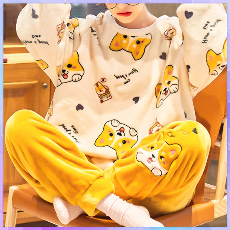 

Winter Thick Warm Flannel Pajamas Sets For Women Sleepwear Home Clothing Plus Velvet Pajama Home Clothes Suit Pyjamas Set