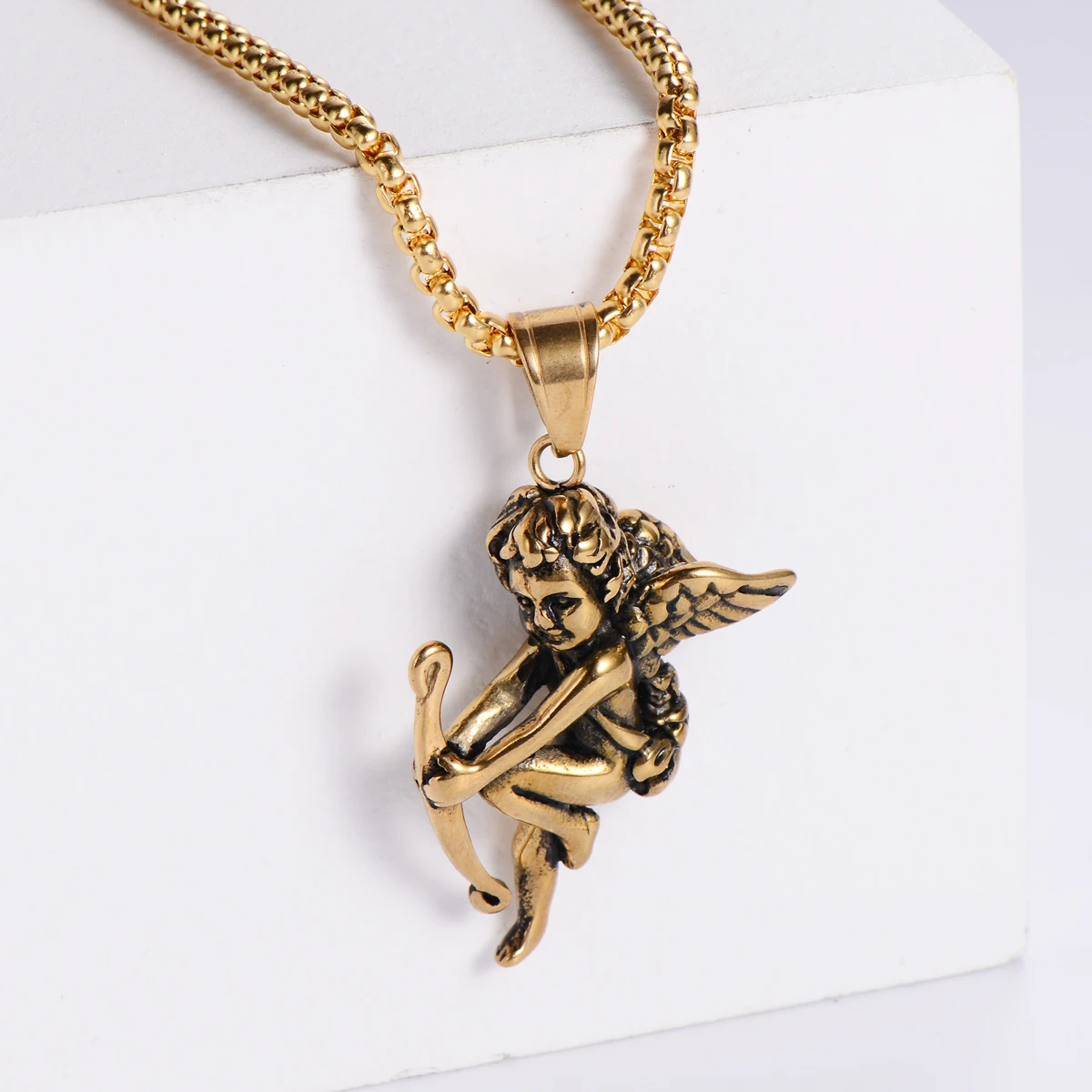 New Pattern Cherub Wings Stainless Steel Pendant Necklace Shoot Cupid Love God Gold Color Hip-hop Male Charm Collar Long Chain