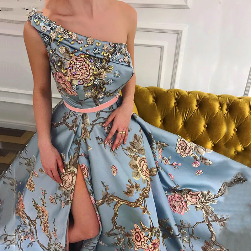 Customized  One Shoulder Side Split Prom Dresses Floral Print Crystal Beaded Party Gowns With Sash Long  Formal Evening Dress