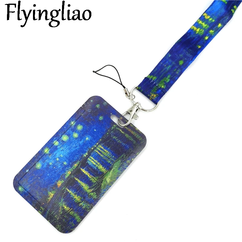 Lukisan Minyak Van Gogh Starry Sky Art Lanyard ID Tali Ponsel Gantungan Kunci Tali Leher Aksesori Pita Jaring