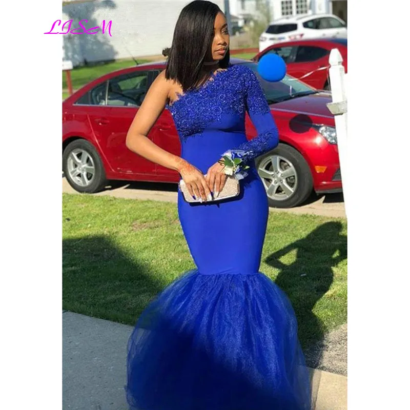 Royal Blue Een Schouder Sexy Prom Dresses Afrikaanse Zwarte Meisjes Dragen Avond Party Jurken Kant Applicaties Mermaid Formele Kleding