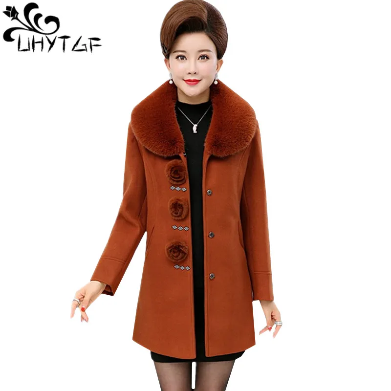 

UHYTGF Genuine winter wool coat women fashion fur collar autumn female jacket solid color slim 5XL Big Size tops outerwear 570