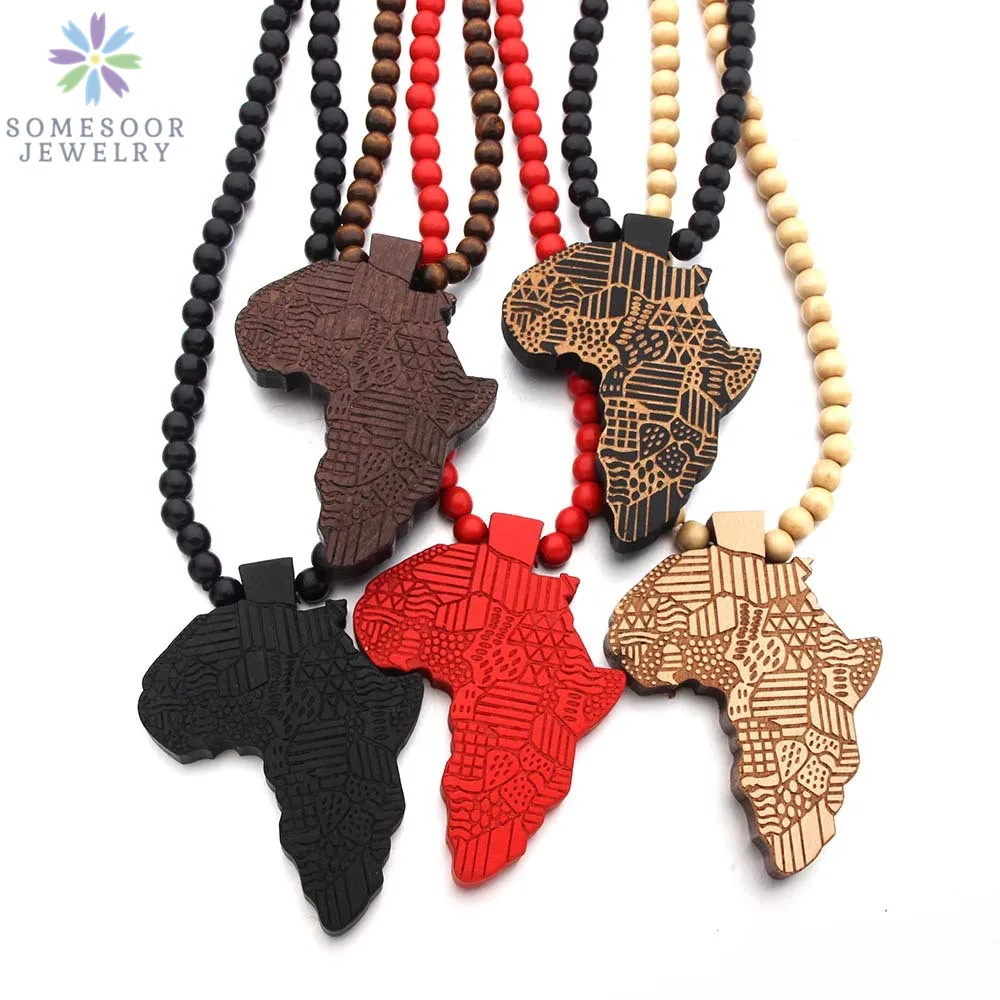 SOMESOOR Vintage Natural Wood African Map Pendant Necklace Engraved Afro Ethnic Pattern Elastic Beads Chains For Women Gifts