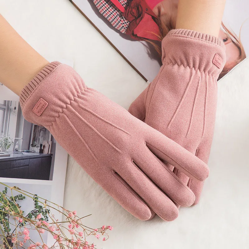 Winter Female Double Thick Plush Wrist Warm Cashmere Cute Cycling Mittens Women Suede Leather Touch Screen Driving Glove C63