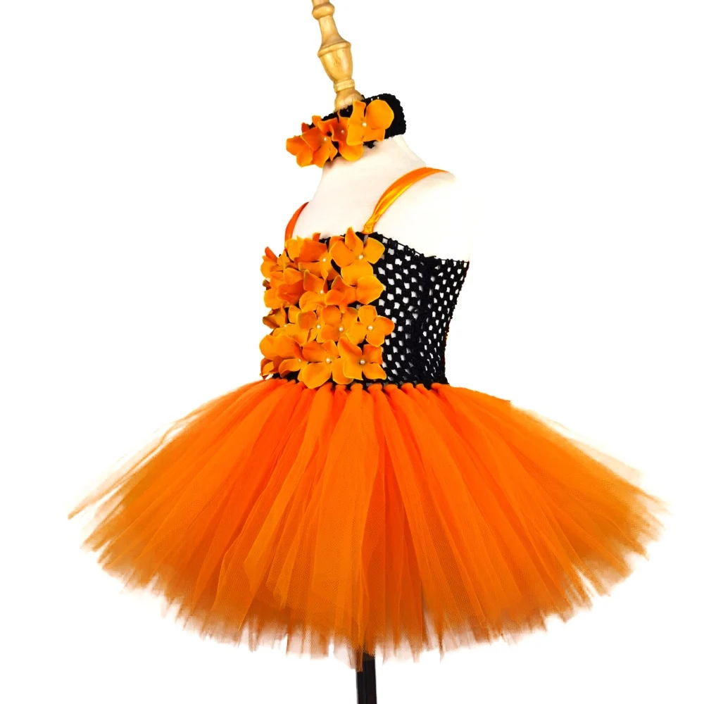 Girls Orange Flower Petals Tutu Dress Kids Black Crochet Ballet Tulle Dress with Headband Children Halloween Party Costume Dress