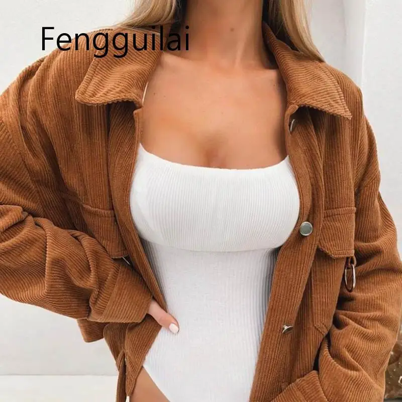 

Winter Jacket Women Corduroy Coats Outerwear Belt Decoration Long Sleeve Breasted Black Khaki Casual Female Short Jackets