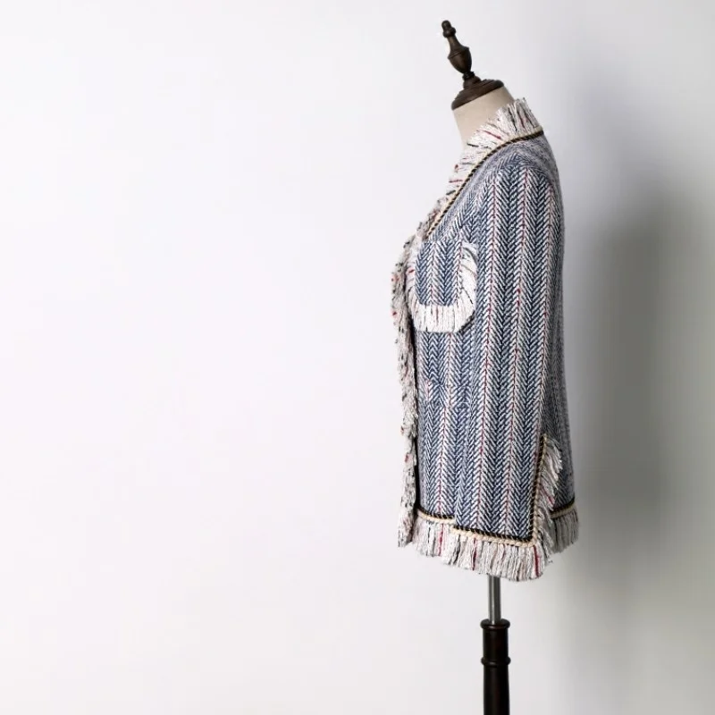 Spring New Autumn Womens Jacket Elegant Loose Fit Double Breasted Tweed Outerwear Female Blue Stripes Tassel Coat XS-XL