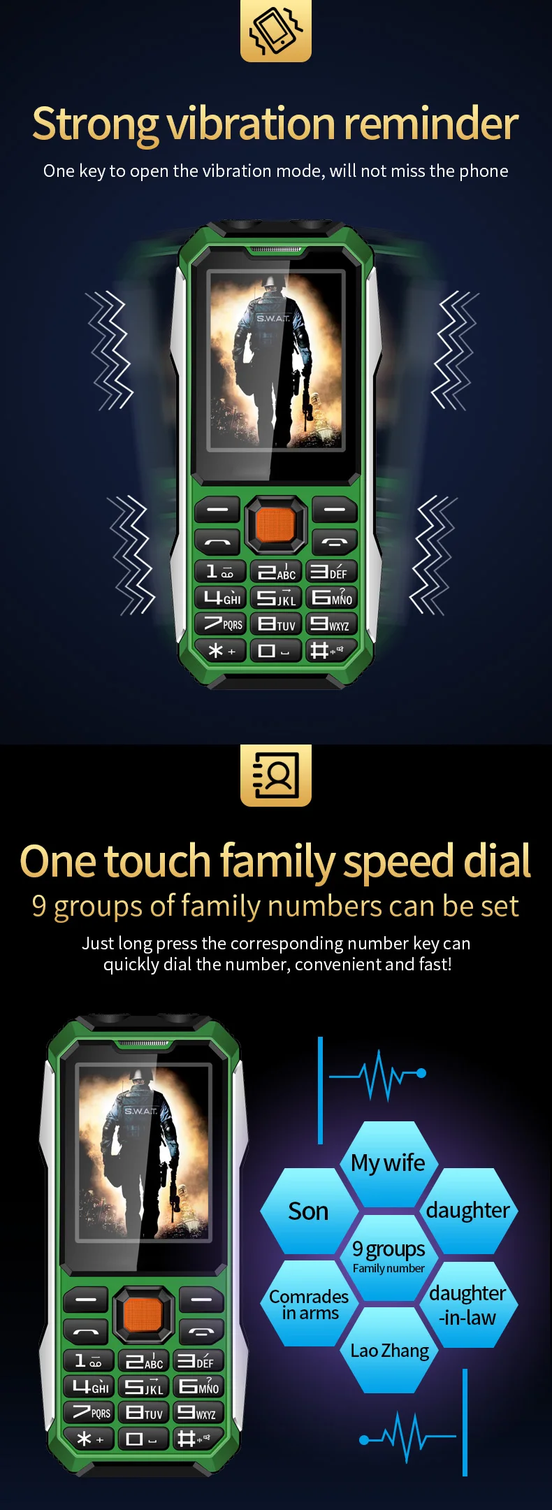 Slim Rugged Outdoor Phone Dual SIM Big Button Long Standby Blacklist Loud Speaker Two Flashlight SOS Dialing MP3 Video Player