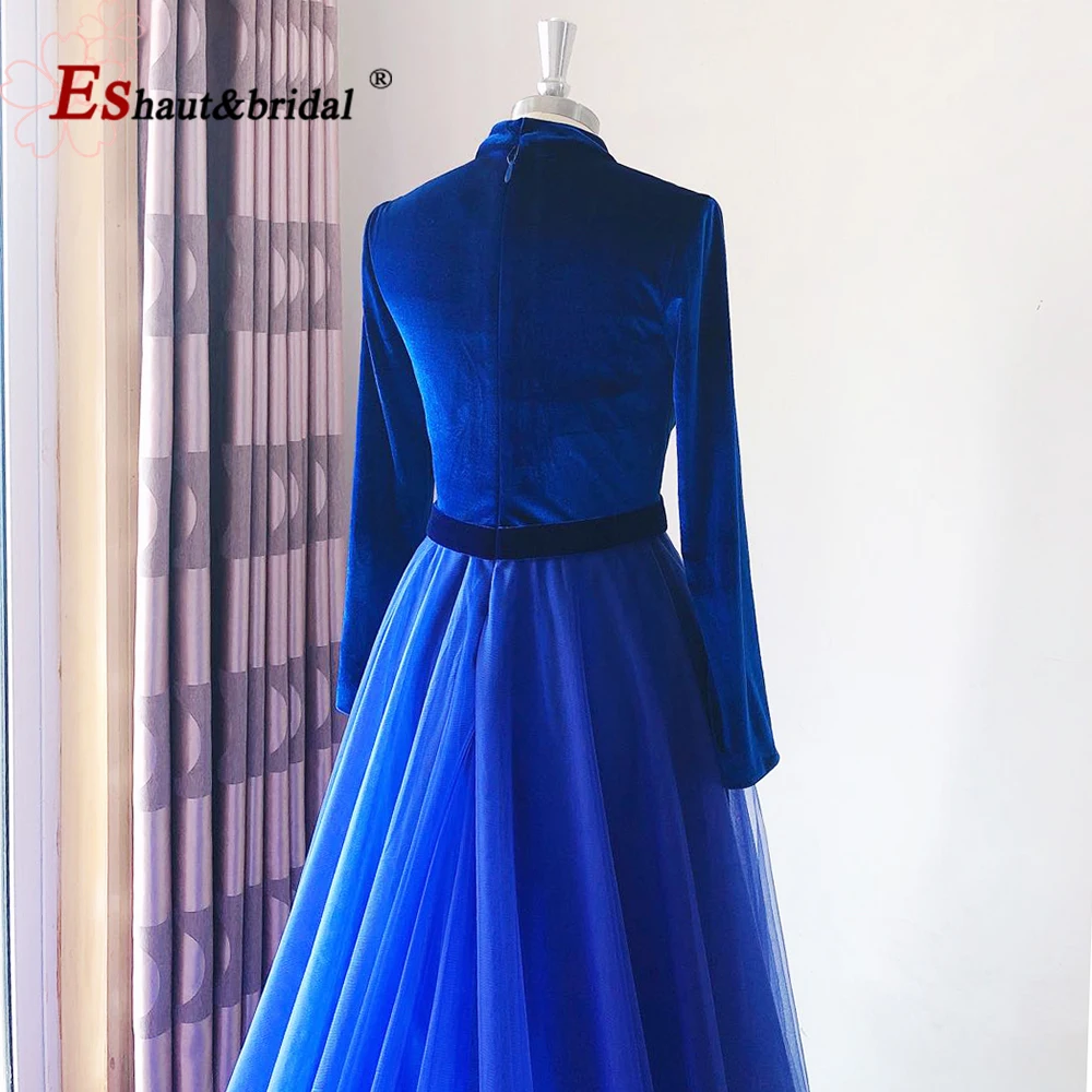 Elegante muçulmano vestidos de noite para mulher 2023 alta pescoço mangas compridas veludo a linha formal dubai árabe casamento baile de formatura vestidos de festa