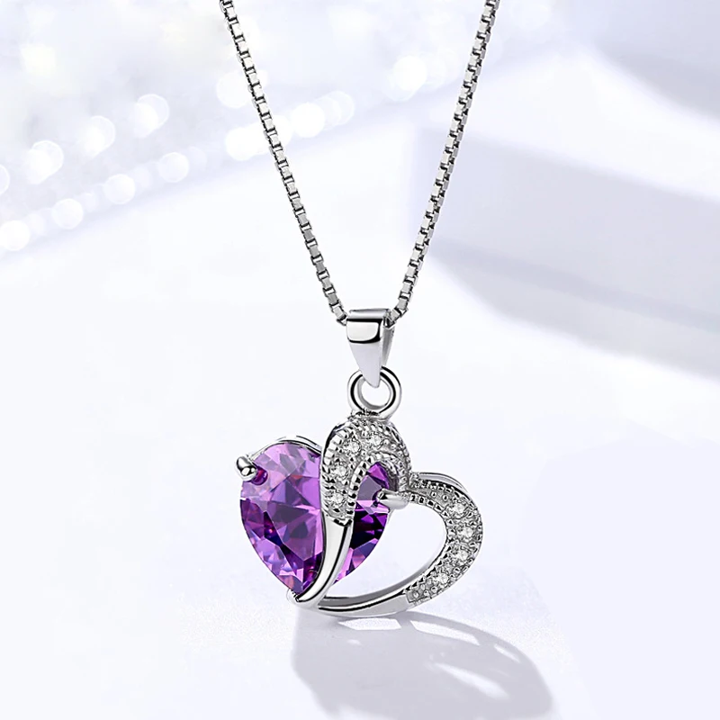 Hot Sale Fashion 925 Sterling Silver Double Heart Pendants Necklace Purple AAA Cubic Zirconia Drop Necklaces Women Jewelry Gift