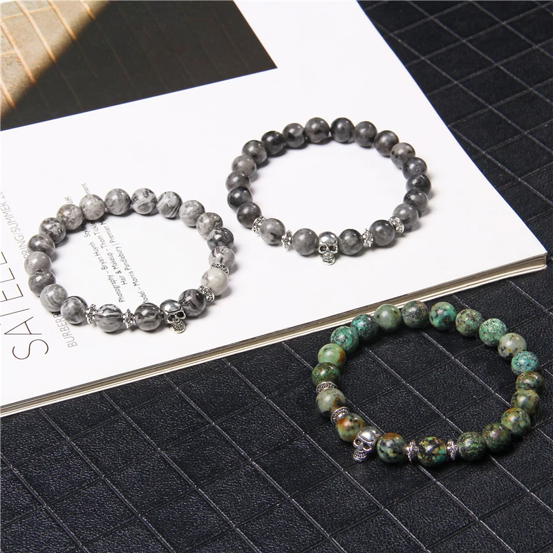 Natural Black Labradorite Stone Beads Bracelet 8mm Round Beaded Vintage Skull Head Charm Bracelet Men Lucky Jewelry for Female