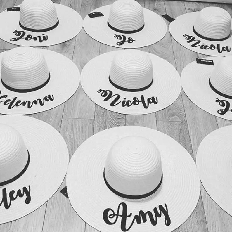 custom names logo hat Personalise Floppy Straw sun cap Bride squad bridesmaid gift brithday beach Hats honeymoon any language