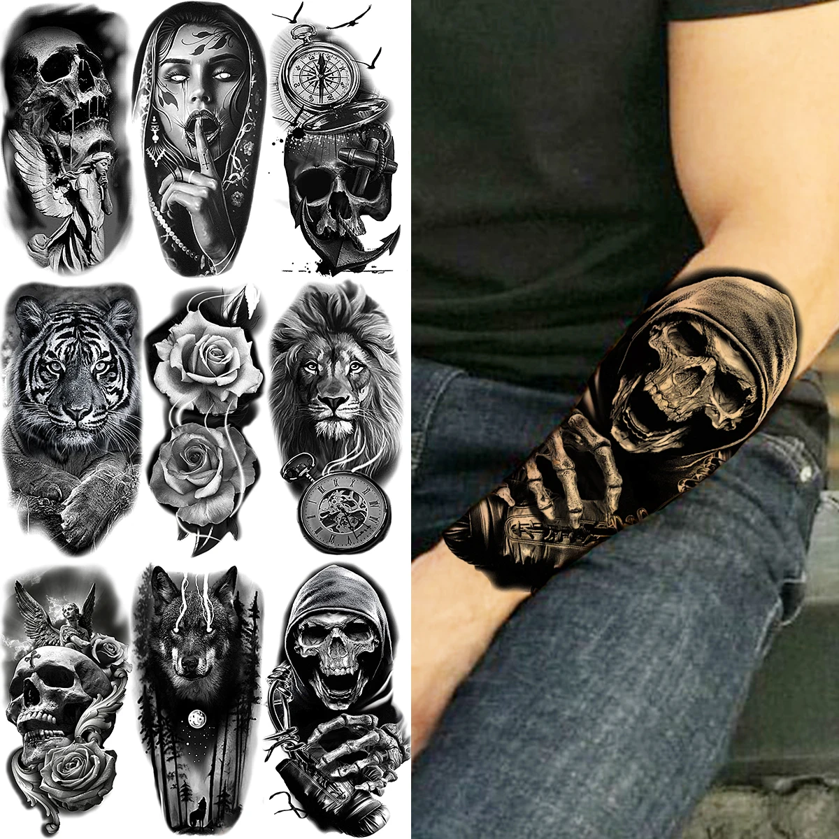 Black Skull Halloween Skeleton Temporary Tattoo For Men Adults Realistic Lion Tiger Wolf Scary Fake Tattoo Sticker Forearm Tatoo