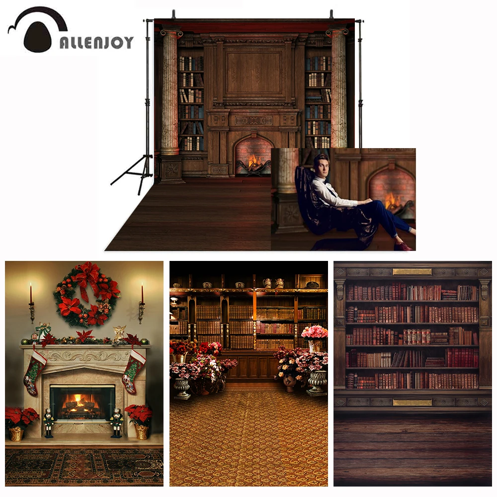 Allenjoy Shelves Backdrop For Photographic Studio Vintage Private Library Bookcase Fireplace Roman Column Photo Background