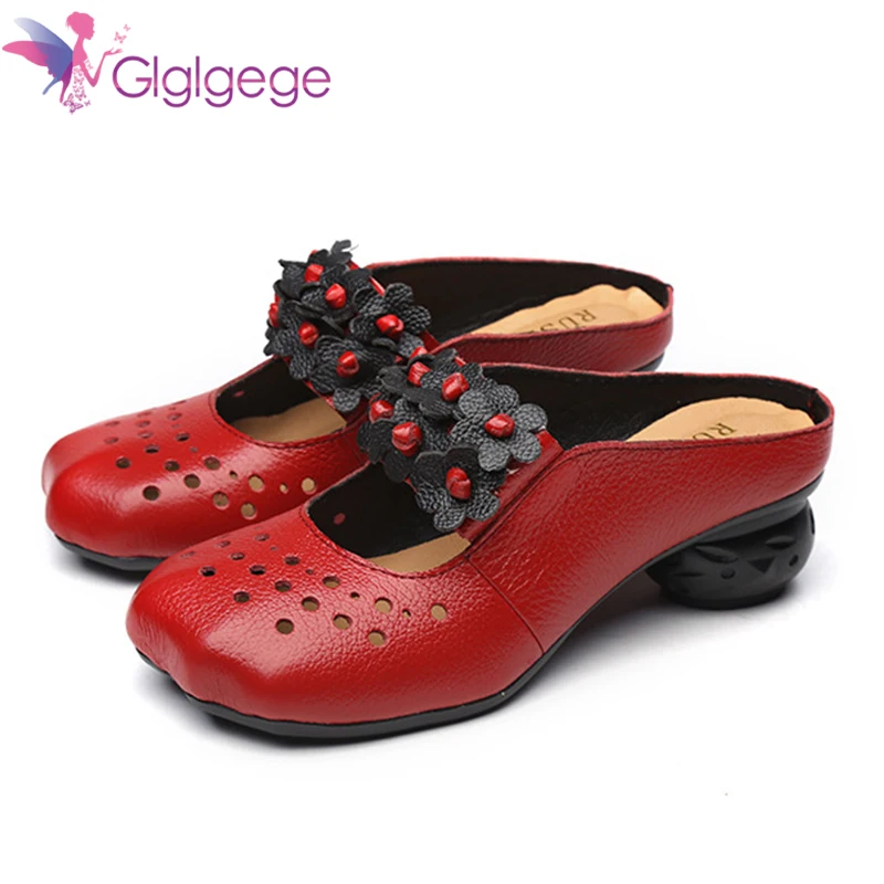 Glgl Genuine Leather Shoes Flower Slippers Handmade Slides Flip Flop On The Square heel  For Women Woman Slippers Plus Size 40