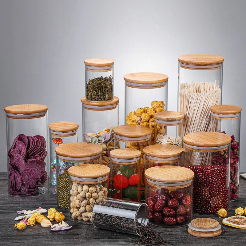 Jars for Bulk Cereals Storage in the Kitchen Sealed Glass Bottle Food Container Wooden Lid Coffee Bean Spice Sugar Can Organizer