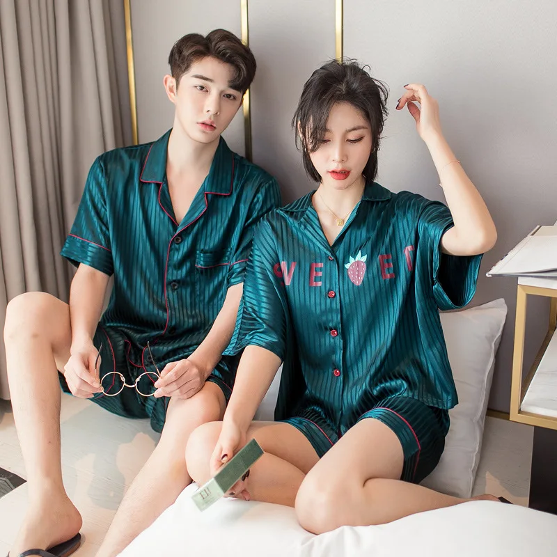 Women Sleep Set Intimate Lingerie Green Print Striped 2PCS Pajamas Suit Turn-down Collar 2021 New Nightwear Home Clothing