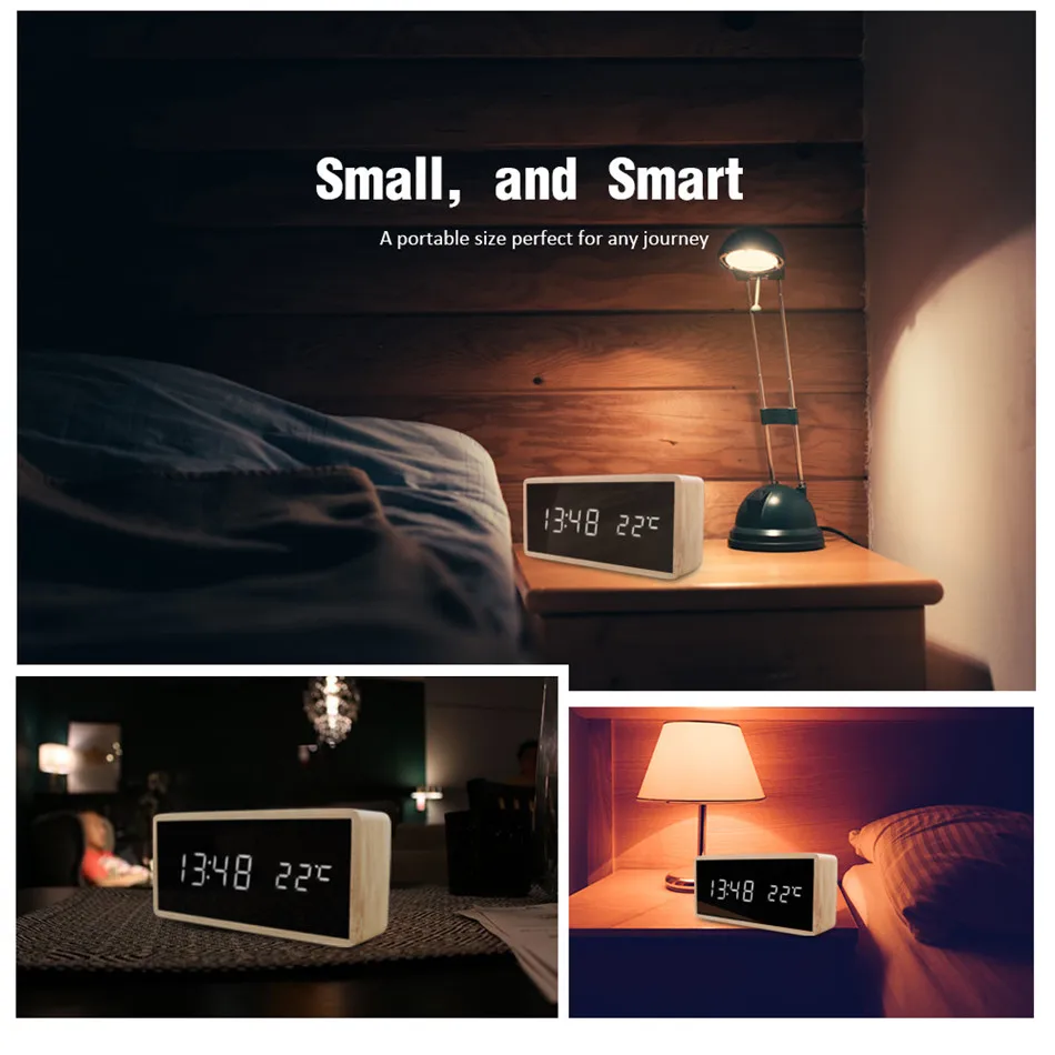 Bamboo Wooden Mirror Alarm Clocks Temperature Sounds Control Desktop Clock With Digital Watch Electronic LED Clocks Despertador