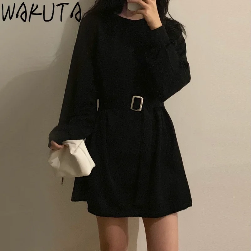 

WAKUTA 2024 New Casual Straight Dress with Belt Solid Color Brief Harajuku Fashion Long Sleeve O Neck Mini Dresses Women Leisure