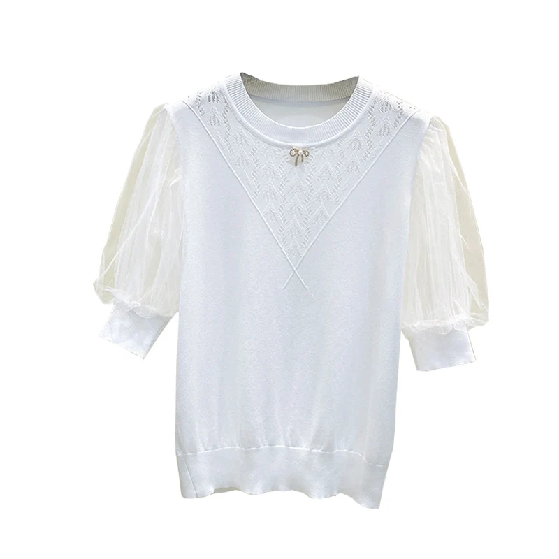 2022 New Summer Women Sweater O-Neck Solid color Lace sleeves Knitted pullover Short sleeve Female Casual Loose Jumper