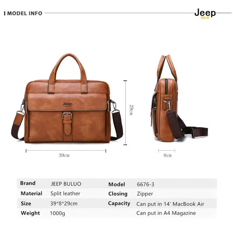 JEEP BULUO Men\'s New Business Briefcase Bag High Quality Travel Handbag For Man Split Leather 14 inches Laptop Messenger Bags