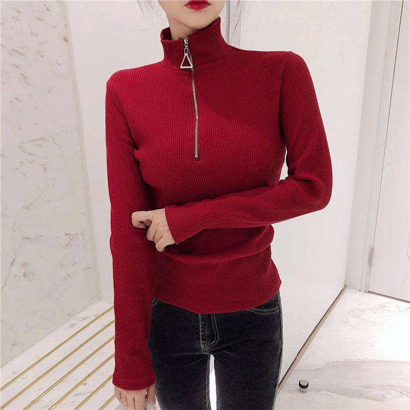 

Half High Collar Sweaters Fashion Zippers Long Sleeve Top Vintage Knit Sweater Women Slim Pullover Pull Femme Autumn Winter 2022